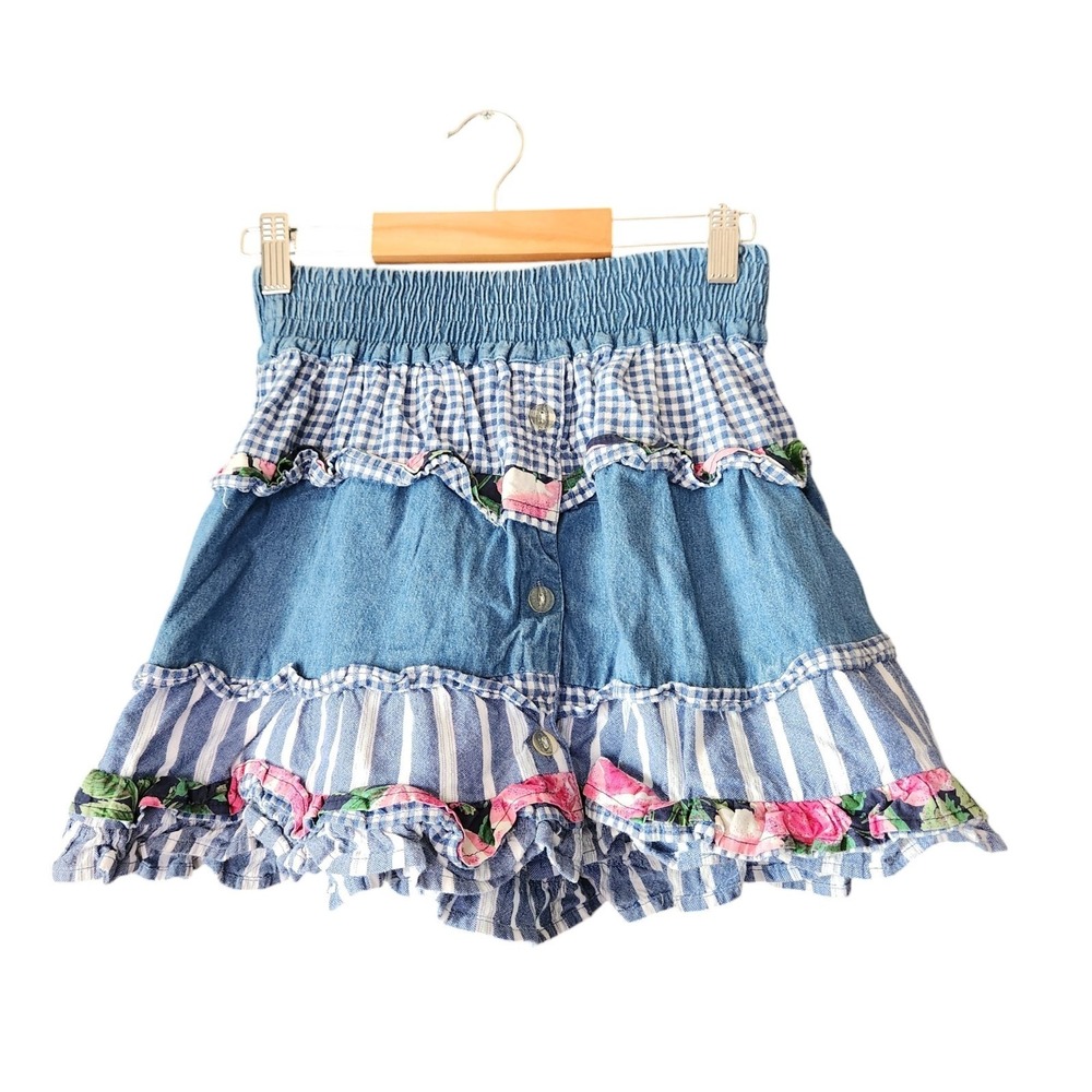 Copper Key Girls M Tiered Ruffle Patchwork Denim Chambray Skirt Cotton Gingham